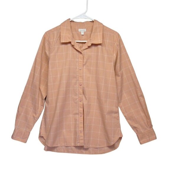 Garnet Hill Shirt Womens 8‎ peach coral white Plaid 100% Pima Cotton Button Up - Picture 1 of 11